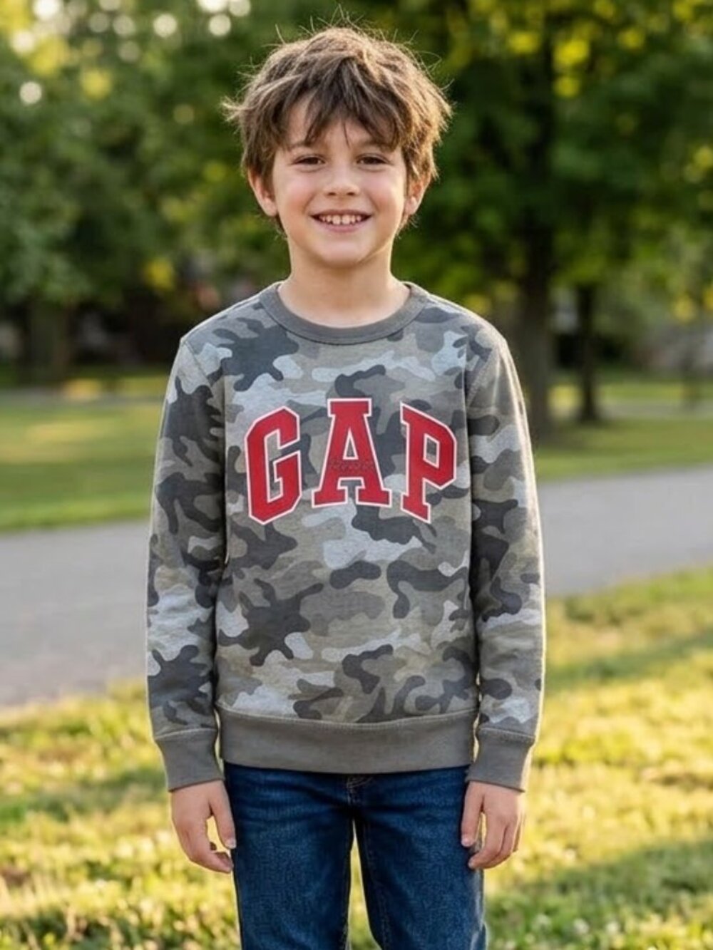 NEW Gap Kids Camouflage Arch Logo Original Crewneck Pullover Fleece Sweatshirt